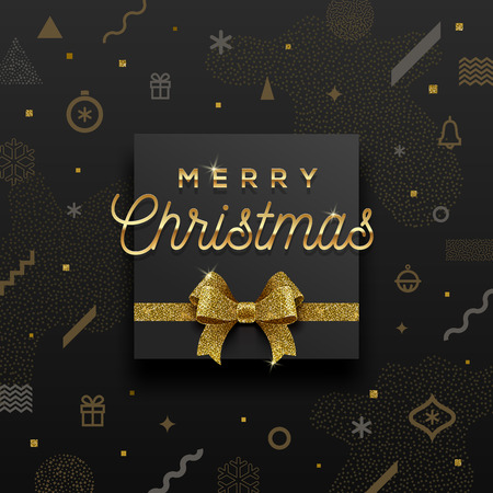 Christmas holiday design - golden greeting and glitter gold bow on a abstract christmas background. Vector illustration.のイラスト素材