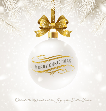 Hanging white Christmas bauble with glitter gold bow ribbon and greeting with flourishes elements. Vector illustration.のイラスト素材