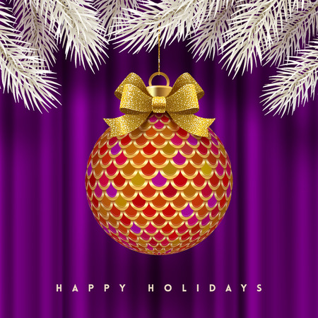 Christmas greeting card - ornate Christmas ball with glitter gold bow ribbon. Vector illustration.のイラスト素材