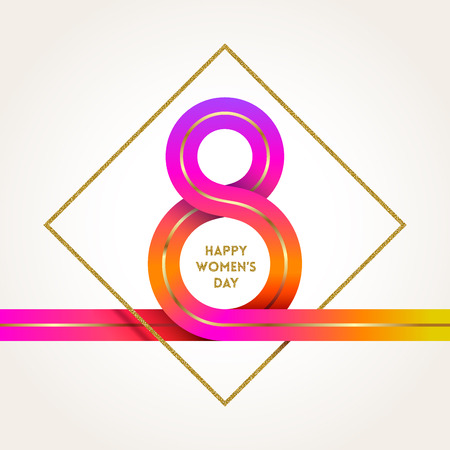 8 March International women's day greeting card -colorful ribbon in the shape of sign eight and glitter gold frame. Vector illustration.のイラスト素材
