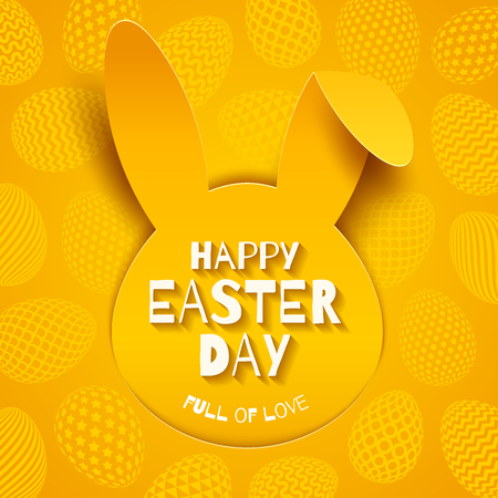 Easter greeting card. Easter greeting on a paper silhouette of rabbit head on a background with eggs. Vector illustration.のイラスト素材