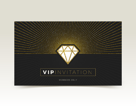 Template of VIP invitation. Glitter gold shining diamond with sunburst on a black background. Vector illustration.のイラスト素材