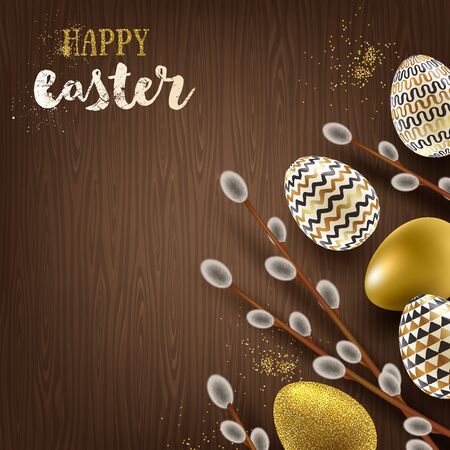 Happy Easter illustration with Pussy-willow branches and paint decorated eggs on a wooden desktop.のイラスト素材