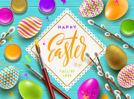 Happy Easter illustration with Pussy-willow branches and paint decorated eggs on a colored background.のイラスト素材