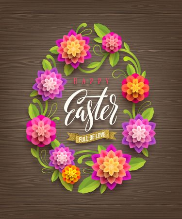 Easter vector illustration - Easter egg-shaped floral frame with calligraphic greeting on a wooden background.のイラスト素材