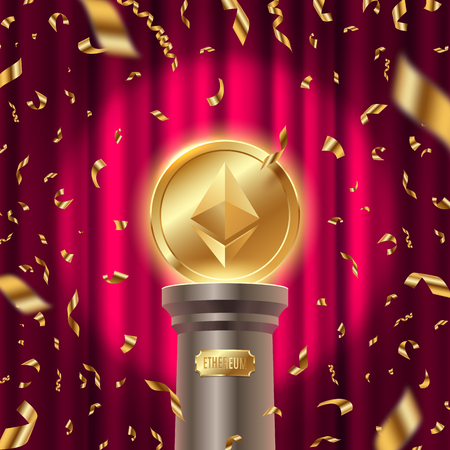 Golden ethereum coin on a pedestal on a stage in spot of light and golden foil confetti against the red background of the curtain.のイラスト素材