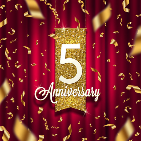 Five years anniversary golden signboard in spotlight on red curtain background and golden confetti.のイラスト素材
