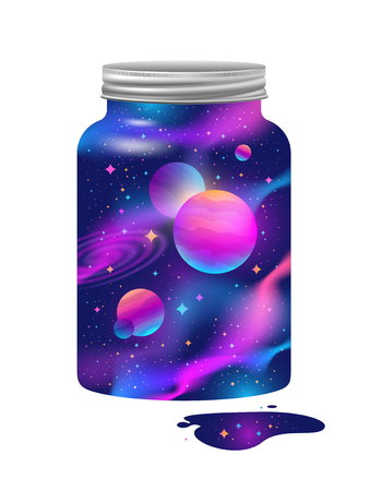 Double exposure illustration jar with still lid and universe background. Concept illustration, jar with galaxy inside vector illustration.のイラスト素材