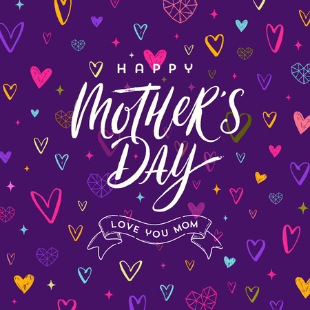 Happy mother's day - Greeting card. Brush calligraphy on a hand drawn hearts pattern background. Vector illustration.のイラスト素材