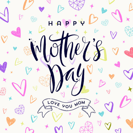 Happy mother's day - Greeting card. Brush calligraphy on a hand drawn hearts pattern background. Vector illustration.のイラスト素材