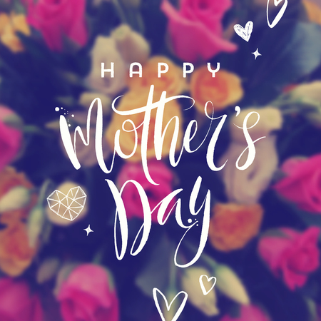Happy mother's day - Greeting card. Brush calligraphy greeting and hand drawn hearts on a blurred flowers background. Vector illustration.のイラスト素材
