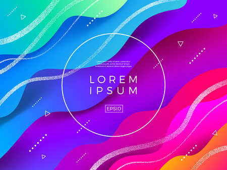 Abstract vector multicolored background. Composition with fluid shape, stipple waves and round frame for text or message.のイラスト素材