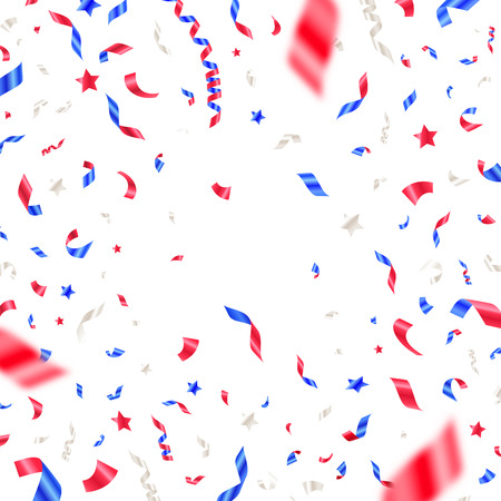 4th of July, Independence day - USA patriotic colors confetti. White, red and blue falling ribbons and stars. Vector background.のイラスト素材