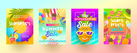 Set of summer sale promotion banners. Vacation, holidays and travel colorful bright background. Poster or newsletter design. Vector illustration.のイラスト素材