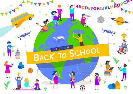 Back to school vector illustration. Group of active children around a giant globe. Children characters doing different activities liking  studying, reading, explore and  recreation.のイラスト素材