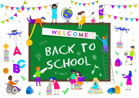 Back to school vector illustration. Group of active children around a big chalkboard with greeting. Children characters doing different activities liking  studying, sport, reading, explore and recreation.のイラスト素材