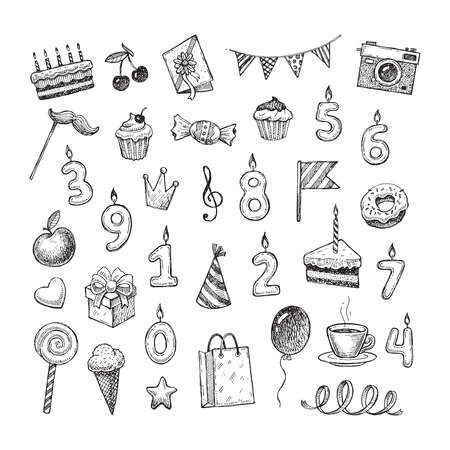 Set of hand drawn birthday objects. Birthday doodle style vector illustration.のイラスト素材
