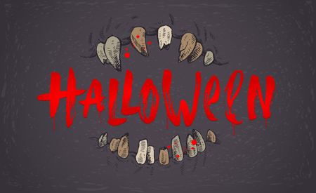 Halloween vector hand drawn illustration. Jaws of a monster and Greeting written by a brushのイラスト素材
