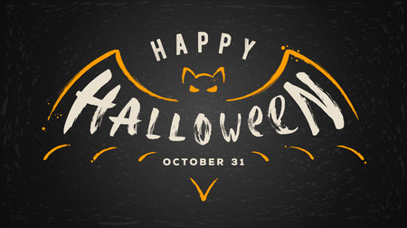 Halloween vector hand drawn illustration. Outline of bat with greeting is made by a brush.のイラスト素材