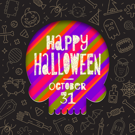 Silhouette of a skull cutout in paper on a background with linear halloween signs and symbols. Vector illustration,のイラスト素材