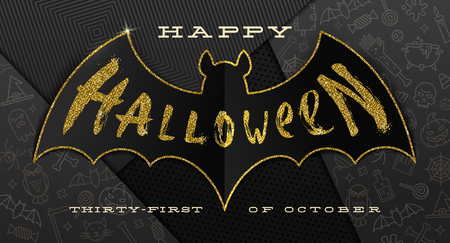 Halloween Vector illustration. Glitter gold greeting on a silhouette of paper bat, against a black paper background with linear Halloween signs and symbols.のイラスト素材