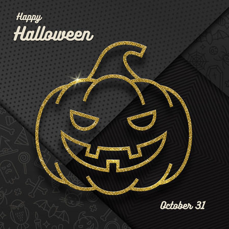 Glitter gold contour of a Jack-o-lantern pumpkin and Halloween greeting on a black background with linear halloween signs and symbols. Vector illustration,のイラスト素材