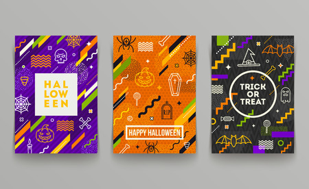 Set of Halloween poster, banner or greeting card. Collection of pattern with Halloween linear signs, symbols  and abstract different shape.のイラスト素材