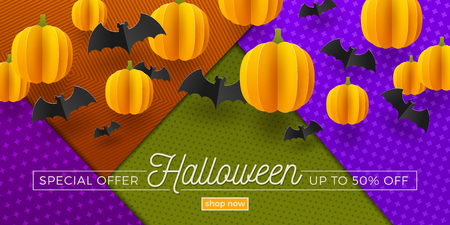 Halloween sale design. Promotion template banner. Paper bats and pumpkins against a multicolored patterned paper background.のイラスト素材