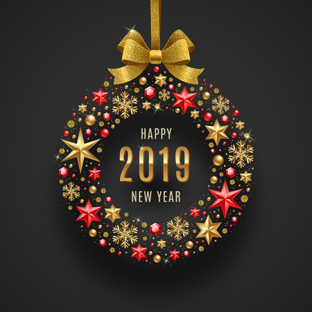 New year 2019 greeting illustration. Abstract holidays bauble made from stars, ruby gems golden snowflakes, beads and glitter gold bow ribbon.のイラスト素材