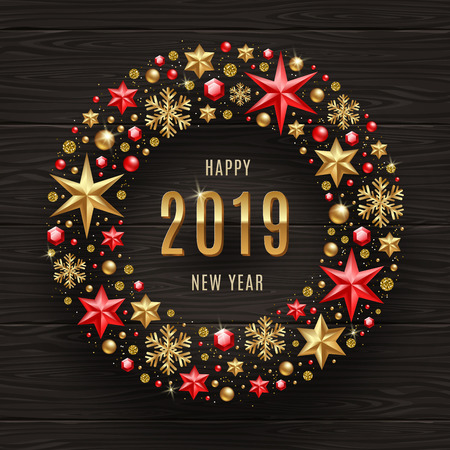 2019 New Year greeting illustration. New year greeting in frame which is made from holiday decor on a dark wooden background.のイラスト素材