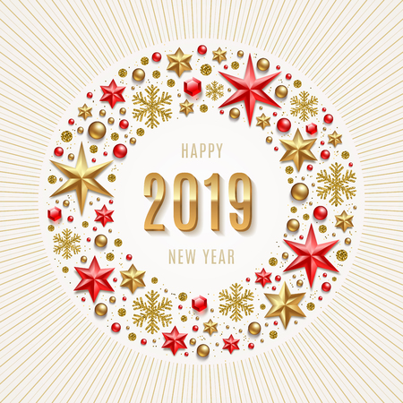 2019 New Year greeting illustration. New year greeting in frame which is made from holiday decor.のイラスト素材