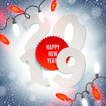 New years 2019 greeting illustration -  paper year number and Holiday light garland on a snow.のイラスト素材