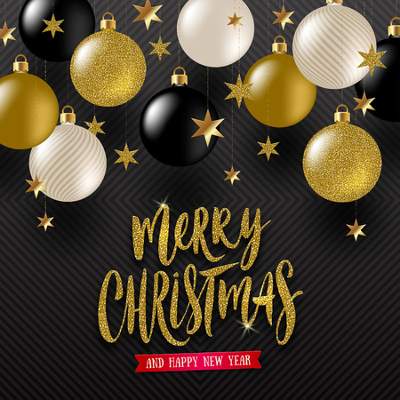 Vector illustration - Christmas calligraphic greeting , Golden stars and black, white and glitter gold Christmas baubles.のイラスト素材