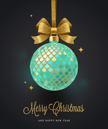 Christmas greeting card - ornate Christmas ball with glitter gold bow. Vector illustration.のイラスト素材
