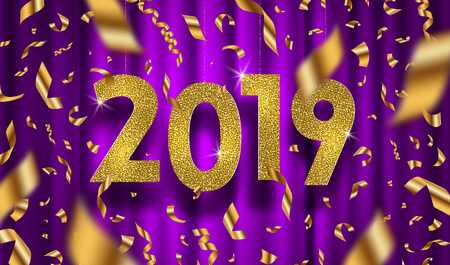 New year 2019 vector illustration. Glitter gold numbers and golden foil confetti on a purple curtain background.のイラスト素材