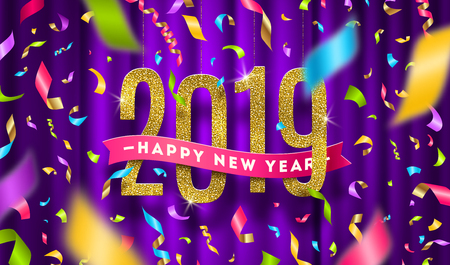 Happy New year 2019 greeting vector illustration. Glitter gold numbers and multicolored confetti on a violet curtain background.のイラスト素材