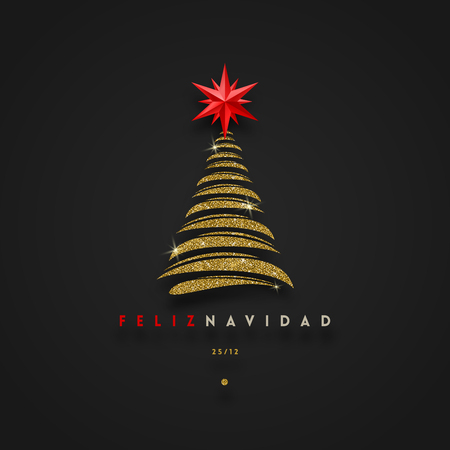 Feliz navidad - Christmas greetings in Spanish - abstract glitter gold christmas tree with red star. Vector illustration.のイラスト素材