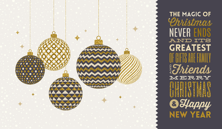 Christmas greeting card - patterned golden baubles on a snowy white background and type design greeting. Vector illustration.のイラスト素材