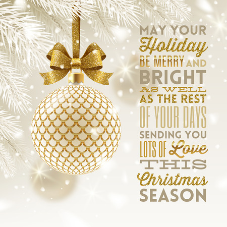 Christmas greeting card - patterned golden bauble with glitter gold bow hanging on a christmas tree and type design greeting. Vector illustration.のイラスト素材