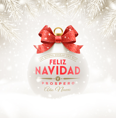 Feliz navidad - Christmas greetings in Spanish. Christmas white bauble with glitter red bow ribbon and type design. Christmas ball on a snow. Vector illustration.のイラスト素材