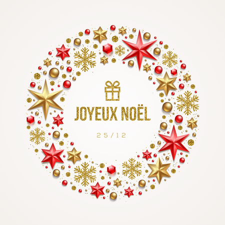 Joyeux noÃ«l - Christmas greetings in French. Frame in the form of Christmas wreath made from stars, ruby gems, golden snowflakes, beads and glitter gold.のイラスト素材
