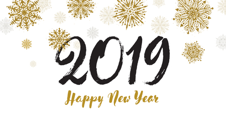 Happy 2019 New year Greeting card. Brush calligraphy greeting with year number and glitter gold snowflakes. Vector illustration.のイラスト素材