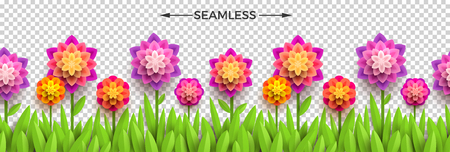 Fake paper flowers and grass on a checkered background. Horizontal seamless design. Vector illustration. Can be used on any background.のイラスト素材