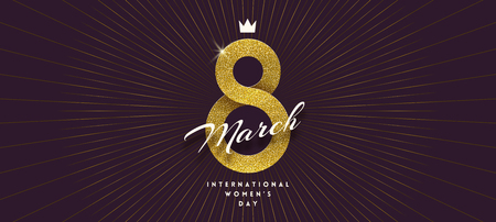 8 March International women's day greeting card - shining glitter gold ribbon in the shape of sign eight. Vector illustration.のイラスト素材