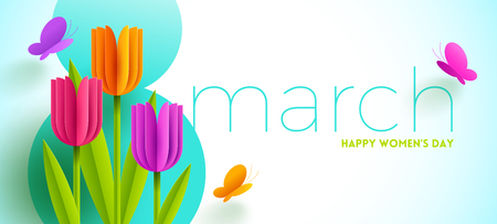 8 March International women's day illustration. Greeting card with paper tulips flowers and butterflies. Vector design.のイラスト素材