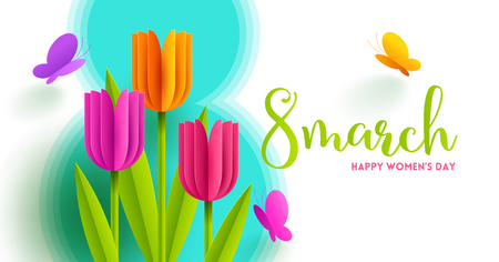 8 March International women's day illustration. Greeting card with paper tulips flowers and butterflies. Vector design.のイラスト素材