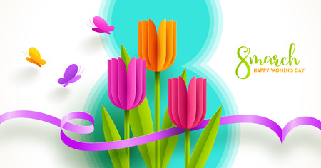 8 March International women's day illustration. Greeting card with paper tulips flowers and butterflies. Vector design.のイラスト素材