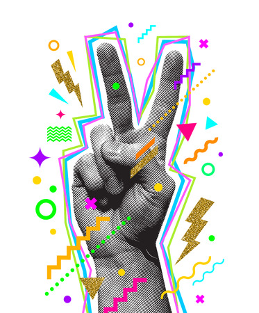 Peace hand sign. Engraved style hand and multicolored abstract elements. Vector illustration.のイラスト素材