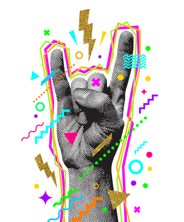 Rock'n'roll or Heavy Metal hand sign. Two fingers up. Engraved style hand and multicolored abstract elements. Vector illustration.のイラスト素材