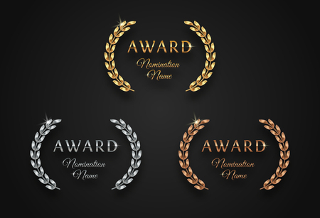 Award sign with laurel wreath - golden, silver and bronze variants, isolated on black background. Award sign vector set.のイラスト素材
